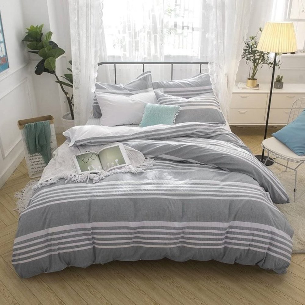 SEESUCKER DUVET COVER SET w/ 2 SHAMS - 100% COTTON (Stripes Grey/White -…